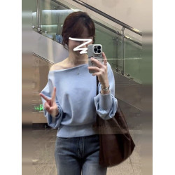 藍色不規則斜肩針織衫女2025初早秋新款韓系穿搭露肩毛衣chic上衣