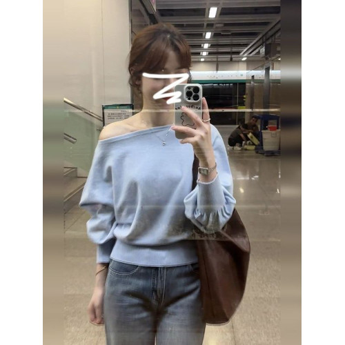 藍色不規則斜肩針織衫女2025初早秋新款韓系穿搭露肩毛衣chic上衣