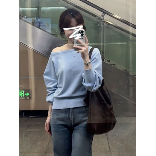 藍色不規則斜肩針織衫女2025初早秋新款韓系穿搭露肩毛衣chic上衣