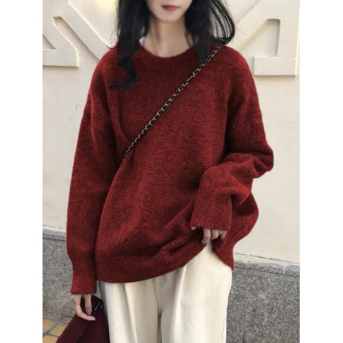 慵懶韓系圓領寬松內搭毛衣女新款大碼秋冬加厚軟糯羊絨打底衫外穿