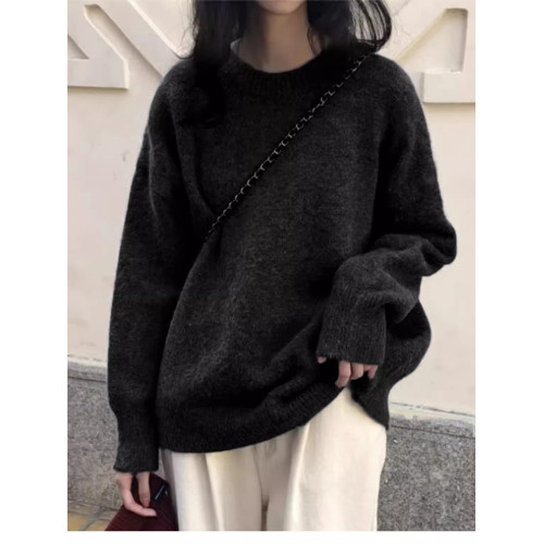 慵懶韓系圓領寬松內搭毛衣女新款大碼秋冬加厚軟糯羊絨打底衫外穿