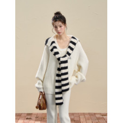 iNSLiiSA休閒寬松針織毛衣套裝女韓系撞色披肩秋季微喇長褲兩件套