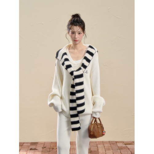 iNSLiiSA休閒寬松針織毛衣套裝女韓系撞色披肩秋季微喇長褲兩件套