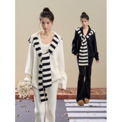 iNSLiiSA休閒寬松針織毛衣套裝女韓系撞色披肩秋季微喇長褲兩件套