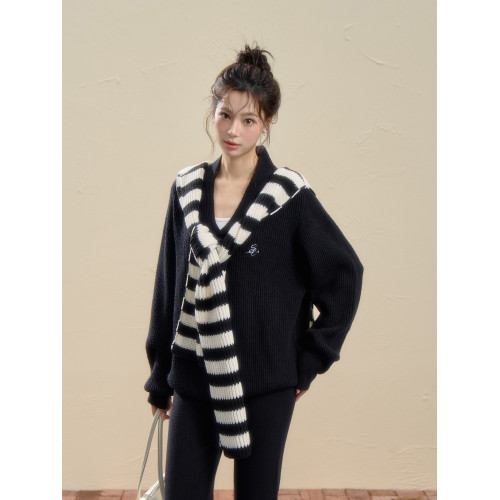 iNSLiiSA休閒寬松針織毛衣套裝女韓系撞色披肩秋季微喇長褲兩件套