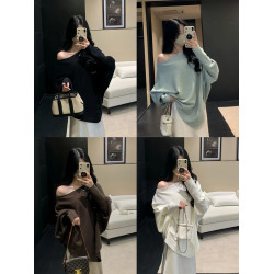 辣妹斜肩上衣女秋冬季新款寬松蝙蝠袖毛針織衫軟糯慵懶感毛衣外套