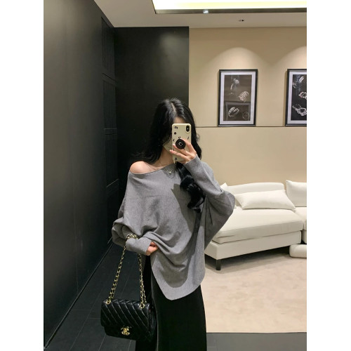 辣妹斜肩上衣女秋冬季新款寬松蝙蝠袖毛針織衫軟糯慵懶感毛衣外套