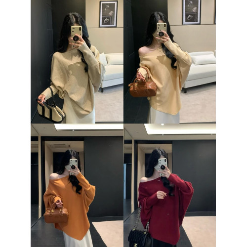 辣妹斜肩上衣女秋冬季新款寬松蝙蝠袖毛針織衫軟糯慵懶感毛衣外套