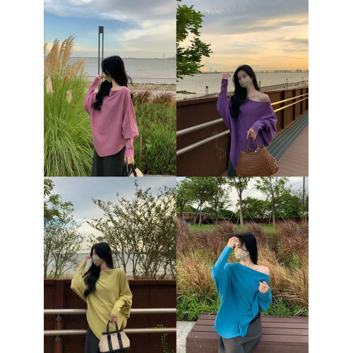 辣妹斜肩上衣女秋冬季新款寬松蝙蝠袖毛針織衫軟糯慵懶感毛衣外套