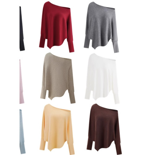 辣妹斜肩上衣女秋冬季新款寬松蝙蝠袖毛針織衫軟糯慵懶感毛衣外套