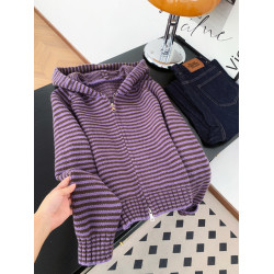 復古慵懶風條紋撞色連帽毛衣外套女秋冬顯白氣質軟糯拉鍊開衫上衣