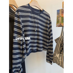 撞色條紋圓領短款針織衫女秋季寬松休閒慵懶風t恤內搭打底衫上衣