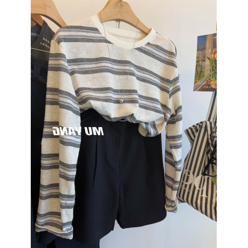 撞色條紋圓領短款針織衫女秋季寬松休閒慵懶風t恤內搭打底衫上衣