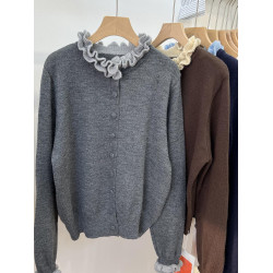 小個子木耳花邊拼接軟糯毛衣開衫女秋冬新款顯瘦針織外套打底上衣