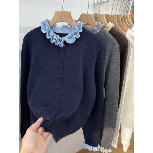 小個子木耳花邊拼接軟糯毛衣開衫女秋冬新款顯瘦針織外套打底上衣 小個子木耳花邊拼接軟糯毛衣開衫女秋冬新款顯瘦針織外套打底上衣