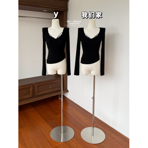 玖月伍 萊賽爾V領蕾絲花邊長袖修身打底衫百搭簡約外穿針織衫上衣