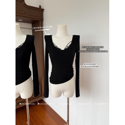 玖月伍 萊賽爾V領蕾絲花邊長袖修身打底衫百搭簡約外穿針織衫上衣