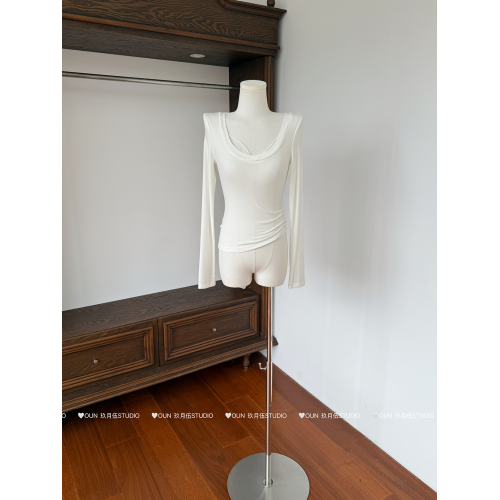 玖月伍 萊賽爾V領蕾絲花邊長袖修身打底衫百搭簡約外穿針織衫上衣