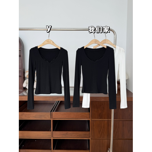 玖月伍 萊賽爾V領蕾絲花邊長袖修身打底衫百搭簡約外穿針織衫上衣