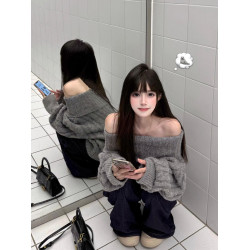 韓系秋冬灰色露肩毛衣上衣一字肩寬松顯瘦高級感麻花慵懶風針織衫