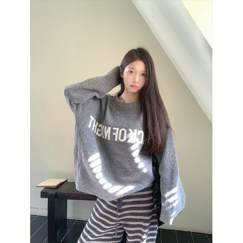 MosesQueen魔西女王灰色圓領套頭厚款毛衣女秋冬寬鬆針織衫上衣