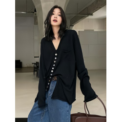 黑色V領單排釦針織衫2025秋季大碼胖MM寬松百搭時髦長袖女士上衣