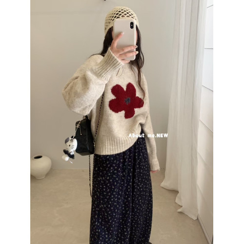 韓系花朵提花圓領毛衣女2025秋冬寬松洋氣短款套頭毛針織衫上衣潮 韓系花朵提花圓領毛衣女2025秋冬寬松洋氣短款套頭毛針織衫上衣潮