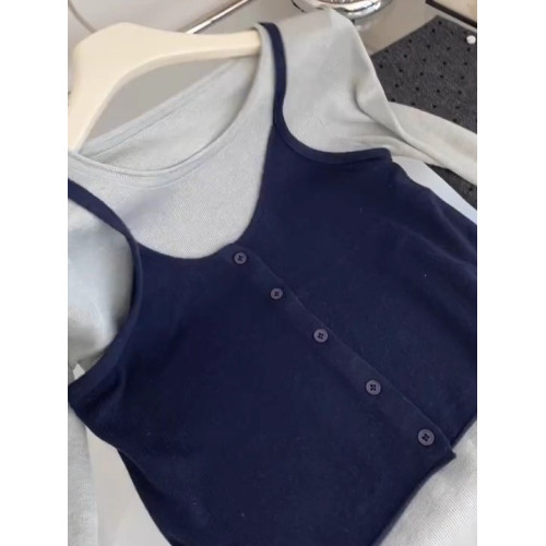 早秋韓系穿搭一整套溫柔風時尚吊帶背心曡穿長袖打底衫上衣兩件套