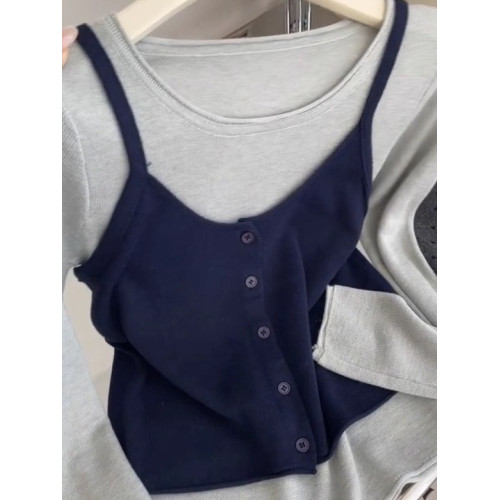 早秋韓系穿搭一整套溫柔風時尚吊帶背心曡穿長袖打底衫上衣兩件套