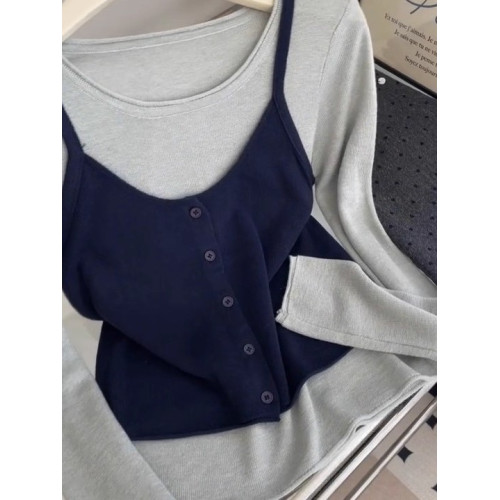 早秋韓系穿搭一整套溫柔風時尚吊帶背心曡穿長袖打底衫上衣兩件套