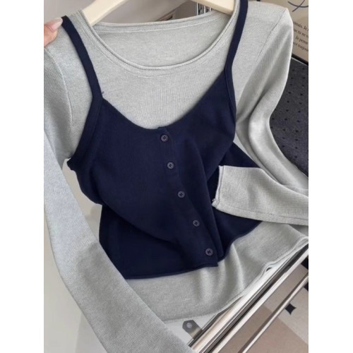 早秋韓系穿搭一整套溫柔風時尚吊帶背心曡穿長袖打底衫上衣兩件套