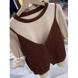 大碼韓系漂亮咖色假兩件針織開衫女秋季胖MM時尚寬松百搭長袖上衣