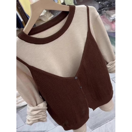 大碼韓系漂亮咖色假兩件針織開衫女秋季胖MM時尚寬松百搭長袖上衣