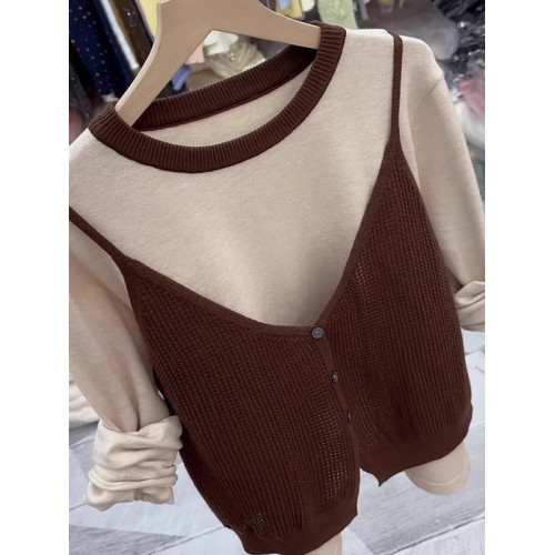 大碼韓系漂亮咖色假兩件針織開衫女秋季胖MM時尚寬松百搭長袖上衣