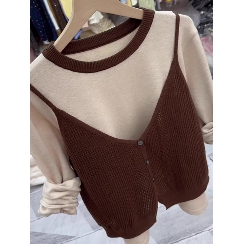 大碼韓系漂亮咖色假兩件針織開衫女秋季胖MM時尚寬松百搭長袖上衣