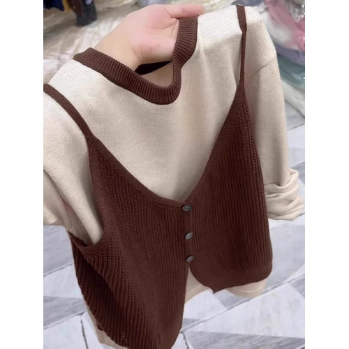 大碼韓系漂亮咖色假兩件針織開衫女秋季胖MM時尚寬松百搭長袖上衣