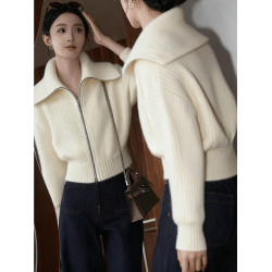 溫柔風白色大翻領拉鍊針織開衫女秋冬新款慵懶風百搭時尚毛衣外套