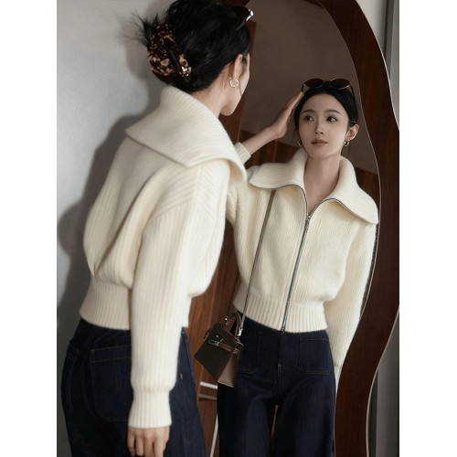 溫柔風白色大翻領拉鍊針織開衫女秋冬新款慵懶風百搭時尚毛衣外套