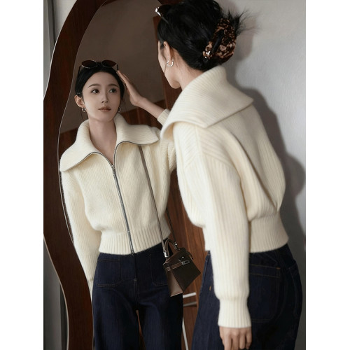 溫柔風白色大翻領拉鍊針織開衫女秋冬新款慵懶風百搭時尚毛衣外套