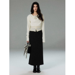 貳羊設計【扶疏】蕩領收腰長袖針織衫女秋冬季法式設計感氣質上衣