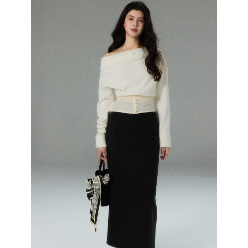 貳羊設計【扶疏】蕩領收腰長袖針織衫女秋冬季法式設計感氣質上衣 貳羊設計【扶疏】蕩領收腰長袖針織衫女秋冬季法式設計感氣質上衣