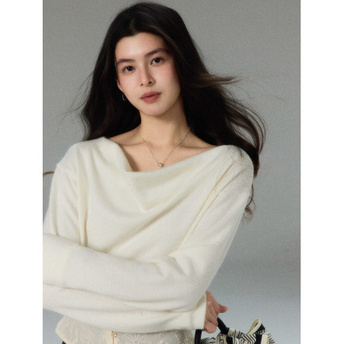 貳羊設計【扶疏】蕩領收腰長袖針織衫女秋冬季法式設計感氣質上衣 貳羊設計【扶疏】蕩領收腰長袖針織衫女秋冬季法式設計感氣質上衣