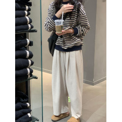 復古條紋長袖圓領衛衣女秋裝2025新款寬松設計感大碼休閒針織上衣