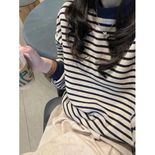 復古條紋長袖圓領衛衣女秋裝2025新款寬松設計感大碼休閒針織上衣 復古條紋長袖圓領衛衣女秋裝2025新款寬松設計感大碼休閒針織上衣