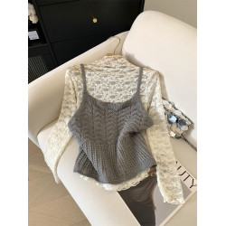 Jade Closet店推薦~高級感甜美風吊帶針織馬甲蕾絲小衫兩件套