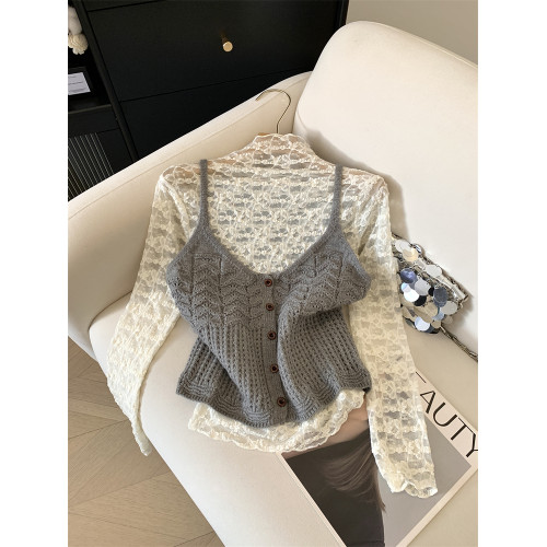 Jade Closet店推薦~高級感甜美風吊帶針織馬甲蕾絲小衫兩件套