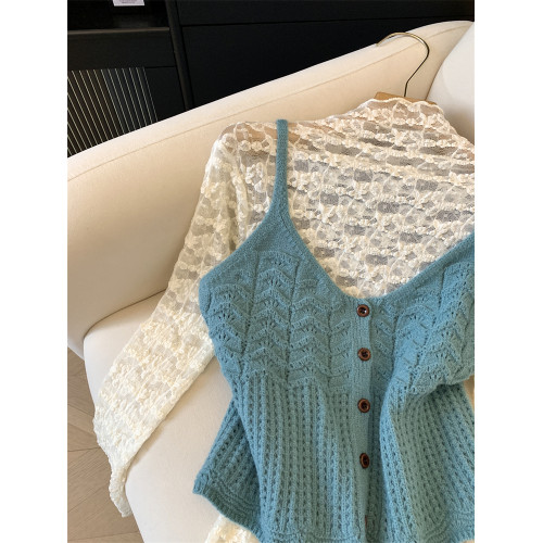 Jade Closet店推薦~高級感甜美風吊帶針織馬甲蕾絲小衫兩件套