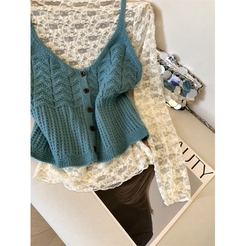 Jade Closet店推薦~高級感甜美風吊帶針織馬甲蕾絲小衫兩件套