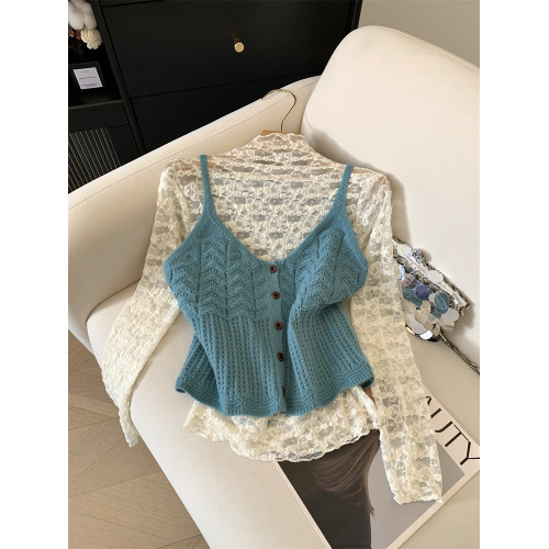 Jade Closet店推薦~高級感甜美風吊帶針織馬甲蕾絲小衫兩件套