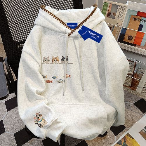 韓版美式可愛貓咪印花慵懶花邊連帽衛衣女秋冬vibe小衆學院風上衣 韓版美式可愛貓咪印花慵懶花邊連帽衛衣女秋冬vibe小衆學院風上衣